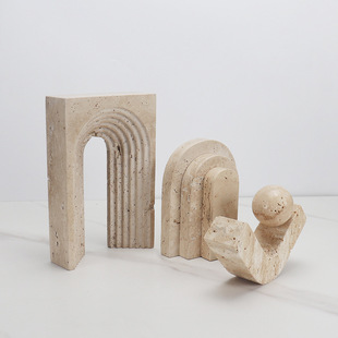 侘寂风简约洞石几何大理石书档书靠玄关书房样板间办公桌装 饰摆件