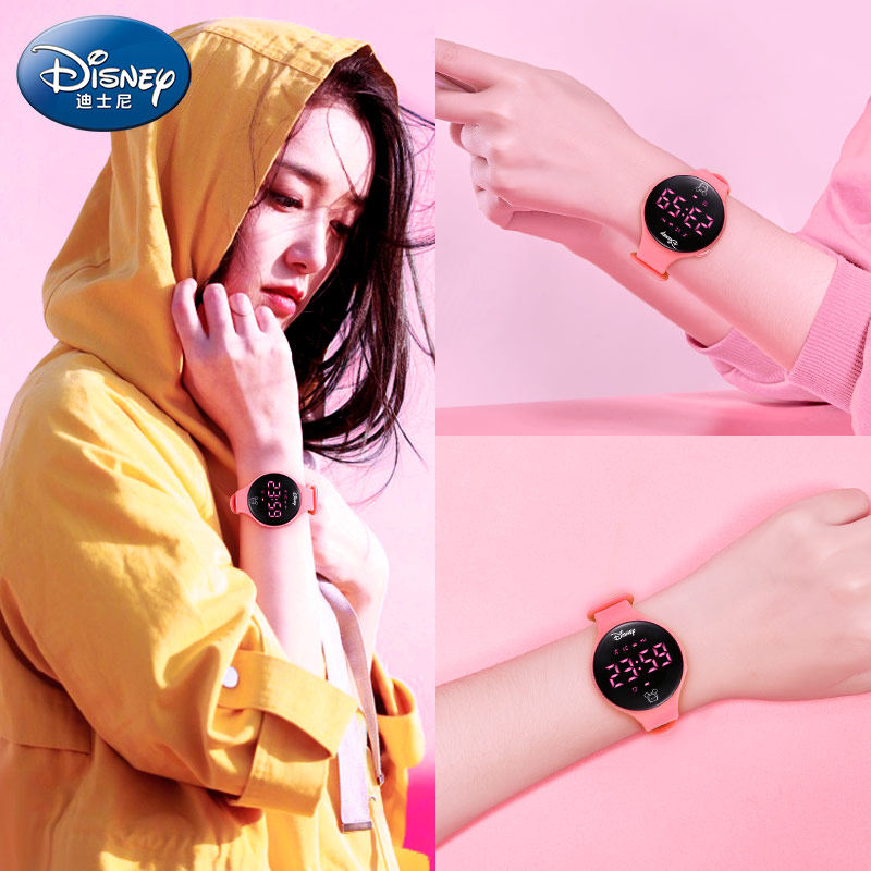 迪士尼手表女初中学生夜光电子儿童小学生防水数字式简约运动女孩