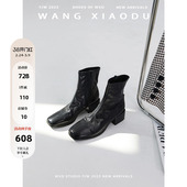 水洗真皮短靴女头层牛皮瘦瘦靴黑色手工女鞋 漫步枫林 王小毒