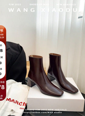 【王小毒】巴黎暖阳●粗高跟弹力瘦瘦靴女新加绒黑色真皮方头短靴