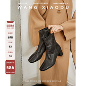 真皮瘦瘦靴女方头气质复古头层牛皮短靴女粗跟 白桦林 王小毒