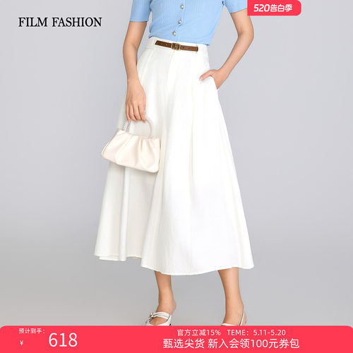一电影一时装夏季新款中长半裙亚麻度假休闲白色压褶A字大摆女士