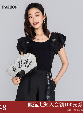 一电影一时装夏季新款针织上衣飞飞袖黑色圆领荷叶边时尚休闲女士