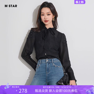 M STAR春夏网纱飘带领木耳边长袖衬衫女通勤上衣气质休闲时尚