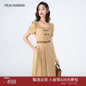 一电影一时装夏季压褶卡其色连衣裙女高腰工装裙气质好看流行