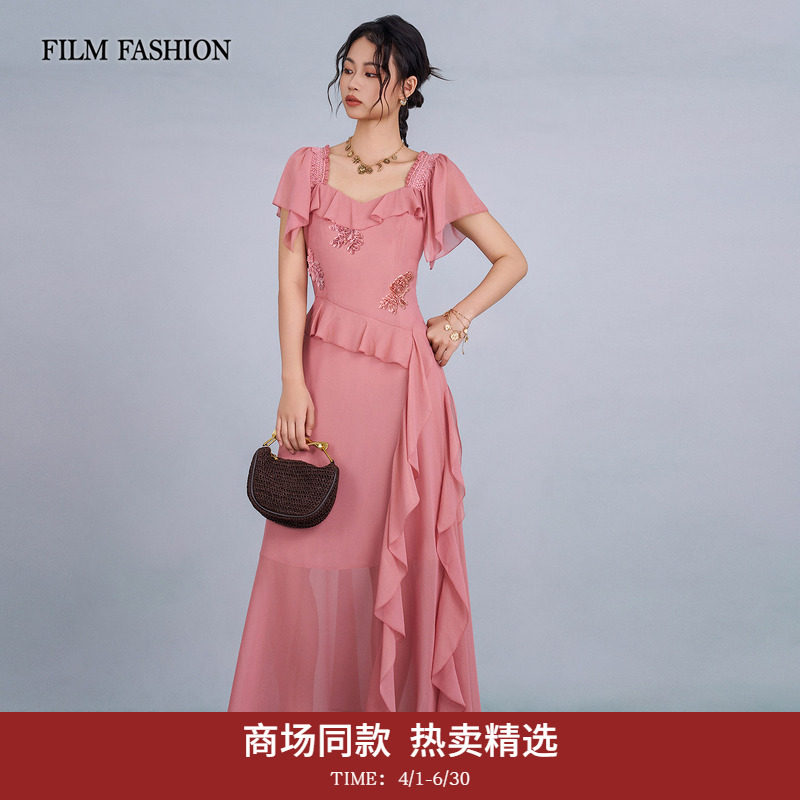 【商场同款】一电影一时装2026夏季新款浪漫烫金连衣裙荷叶边女士