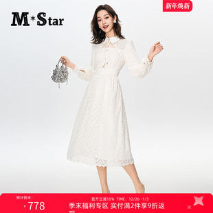 STAR春季 法式 翻领蕾丝镂空长袖 连衣裙女 针织中长款 2件9折