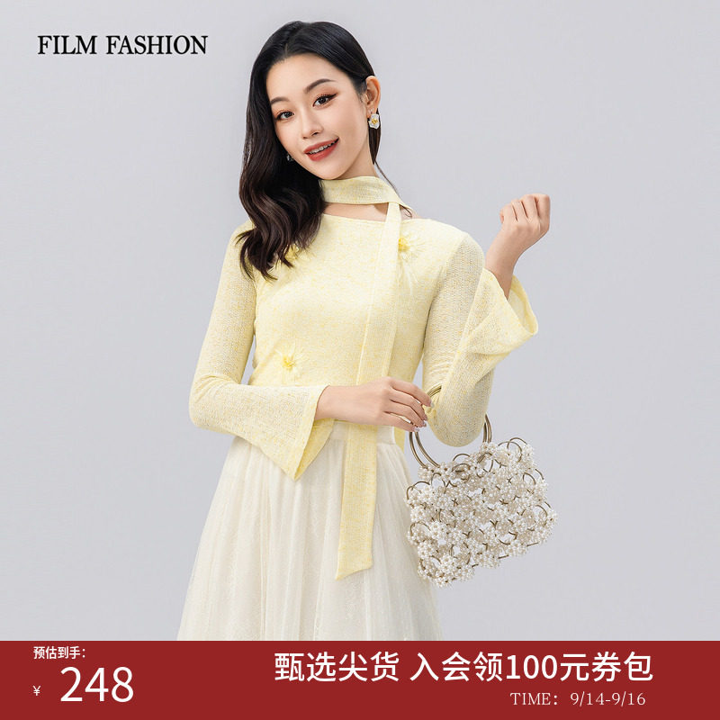 一电影一时装秋季新款毛针织衫上衣亚麻长袖绣花圆领飘带时尚女士图片