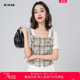 复古气质撞色假两件方领格纹小衫 新款 上衣休闲女士 STAR夏季