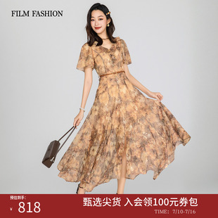 一电影一时装夏季新款蕾丝连衣裙中长款短袖V领聚会休闲女士