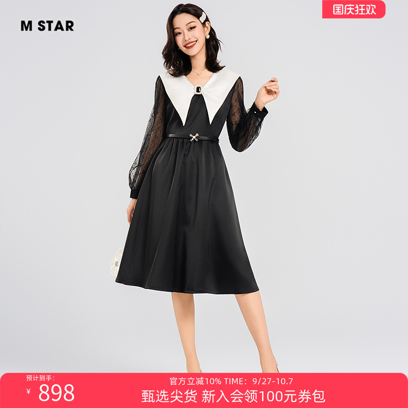 M STAR夏季新款法式尖领赫本风蕾丝礼服连衣裙中裙女独特超好看