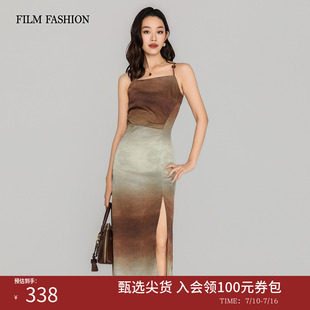 一电影一时装夏季新款晕染吊带连衣裙开叉度假中长款裙子度假女士