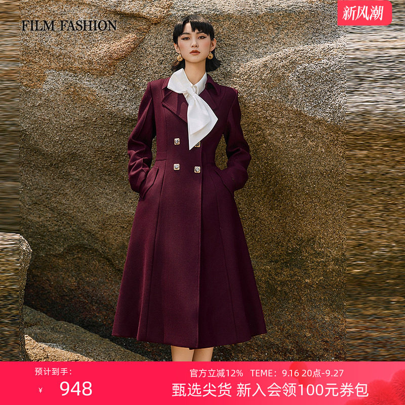 一电影一时装秋季新款连衣裙式外套中长款收腰绵羊毛A字大摆女士图片