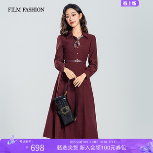 一电影一时装春季新款复古优雅气质红色长袖中长款连衣裙女收腰