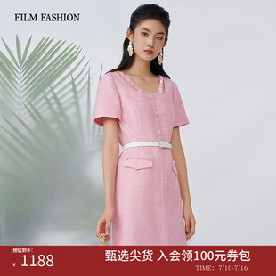 一电影一时装夏季新款小香连衣裙收腰直筒裙短袖口袋度假休闲女士