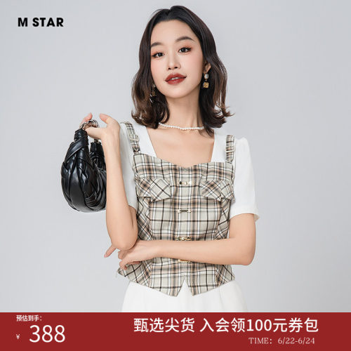 假两件方领格纹小衫上衣气质女士