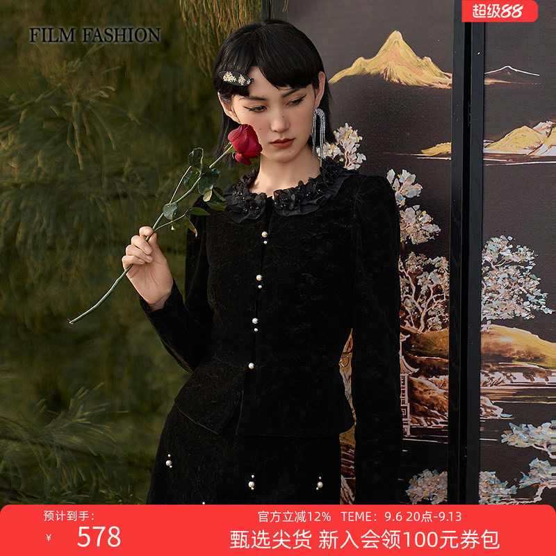 一电影一时装秋季新款黑色丝绒针织长袖上衣荷叶领高级感复古女士图片