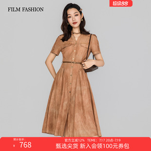 一电影一时装夏季新款散摆连衣裙中长款短袖收腰翻领V字高级女士