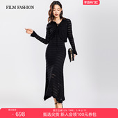 春季 显瘦女士 新款 一电影一时装 连衣裙套装 镂空黑色长袖 两件套