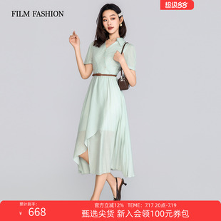 一电影一时装夏季新款不对称摆翻领V领收腰连衣裙不规则时尚女士