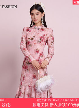 一电影一时装冬季新款印花旗袍鱼尾立领连衣裙改良新中式裙装女士
