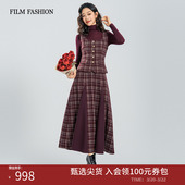 复古气质酒红格子套装 新款 三件套女新年战袍 2025冬季 一电影一时装
