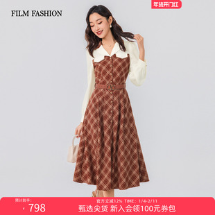 【新年穿搭】一电影一时装2026早春新款格子假两件连衣裙女收腰