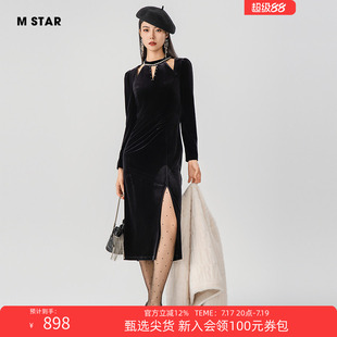 M STAR冬季新款丝绒长袖连衣裙镂空开叉女士修身A字钉珠长袖裙子