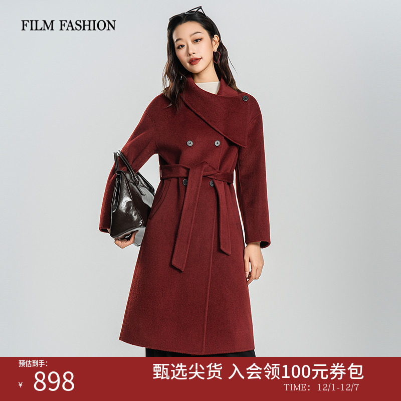一电影一时装2025冬季新款100%绵羊毛中长款大衣显白红色外套女