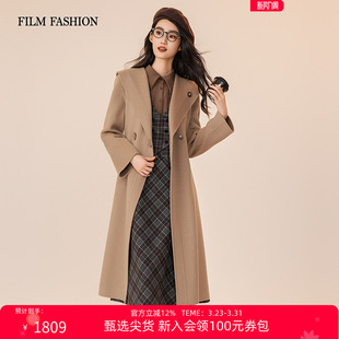 双面呢大衣外套100%羊毛保暖棕色休闲通勤女 新款 一电影一时装 冬季