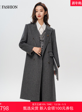 一电影一时装冬季新款灰色双面呢羊毛大衣毛呢长款外套女穿搭