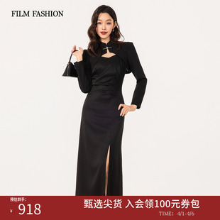 连衣裙套装 一电影一时装 新款 女士 两件套 时尚 春季 开叉黑色长袖