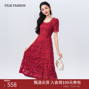 一电影一时装夏季新款短袖连衣裙中长款时尚花边镂空花卉蕾丝女士
