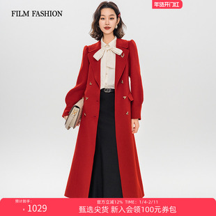 【新年穿搭】一电影一时装冬季复古红色羊毛双面呢毛呢大衣外套女