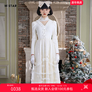 针织毛织连衣裙女款 公主风蕾丝网纱中长款 气质流行好看 STAR冬季