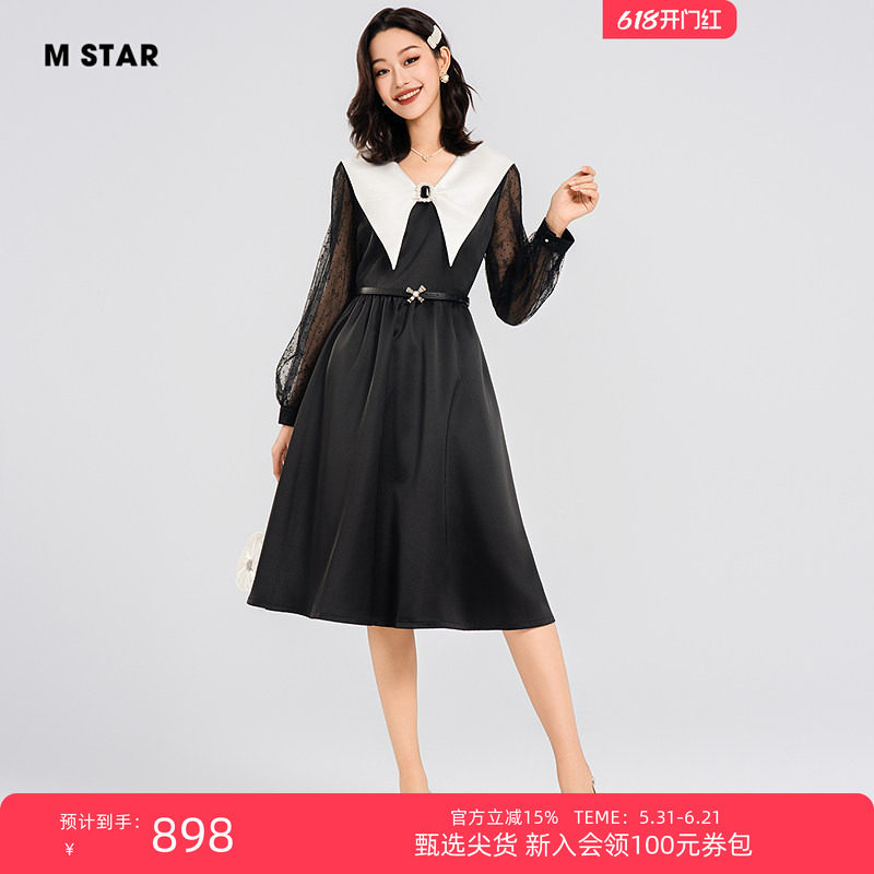 M STAR夏季新款法式尖领赫本风蕾丝礼服连衣裙中裙女独特超好看