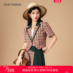 纹西装 一电影一时装 复古通勤风格 新款 外套短外套女小众 夏季