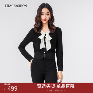 一电影一时装春季新款蝴蝶结毛织上衣拼接花边长袖撞色高级时尚女