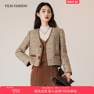 一电影一时装冬季新款珠片呢料外套女士短款独特漂亮流行今年气质