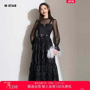 法式 新款 气质重工质感蕾丝绣花假两件连衣裙长裙女气质 STAR春季