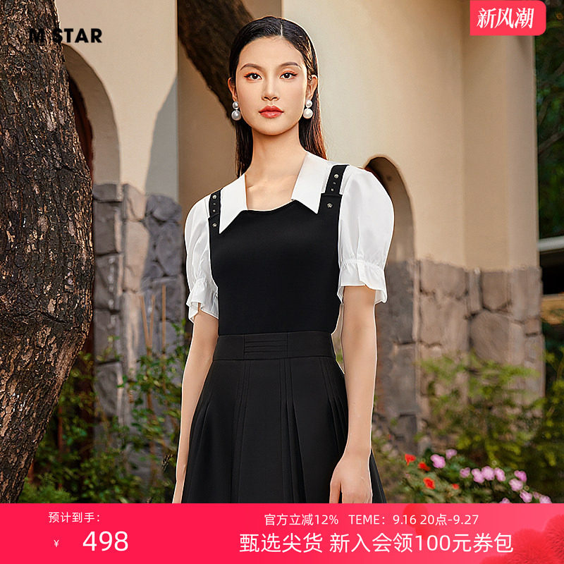 M STAR夏季新款复古黑白假两件拼接针织衫小衫上衣女独特超好看图片