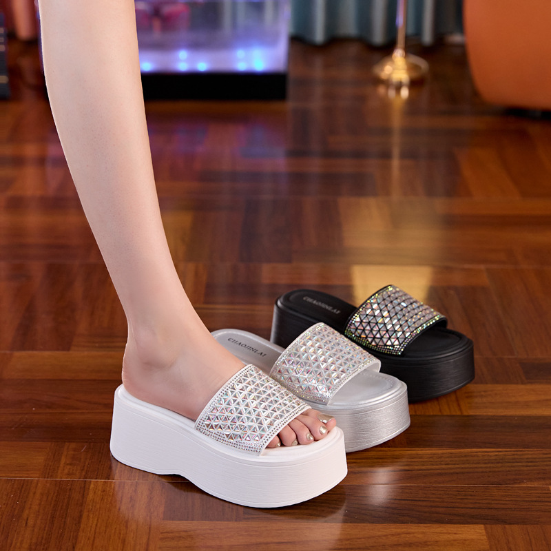 真皮坡跟拖鞋女2024年夏季新款外穿女士一字拖时尚休闲厚底拖鞋