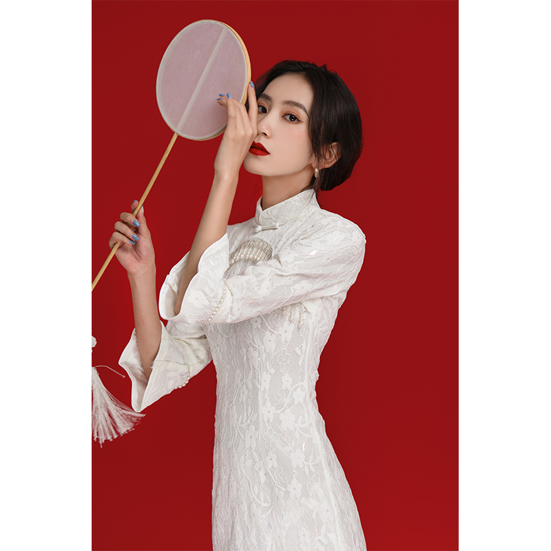 雯卿 Lace spring white cheongsam, 2023 collection, mid length, Chinese style