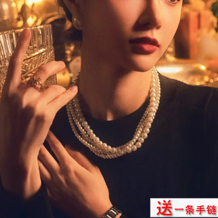 新款四层珍珠项链choker颈链短款毛衣链女士多层叠戴锁骨链子1933