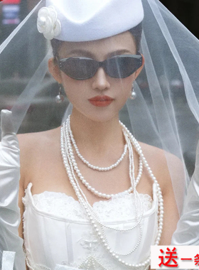 多层叠戴仿珍珠项链摄影拍照饰品五层颈链女士锁骨链子中长款544