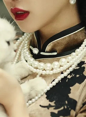 多层珍珠项链复古风配旗袍饰品中长款四层叠戴锁骨链女士颈链653
