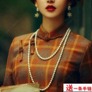 配旗袍珍珠项链多层叠戴中长款 2025夏季 毛衣链女士双层锁骨链055
