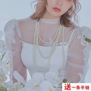多层叠戴珍珠项链配婚纱礼服锁骨链中长款毛衣链女时尚款颈链485