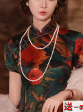 搭配旗袍珍珠项链新中式摄影拍照配饰品中长款女双层毛衣链子415