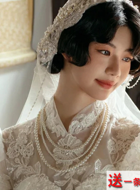 多层珍珠项链结婚配婚纱礼服颈链女士拍照饰品多圈叠戴锁骨链525